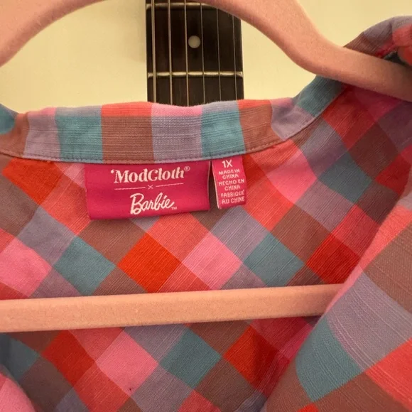 ModCloth Barbie Retro Sleeveless Button-Up Top in Pink, Red and Blue Plaid - Picture 2 of 3